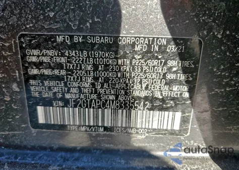 2021 Subaru Crosstrek Premium из США, поврежденный, VIN JF2GTAPC4M8335542